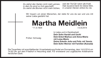 Traueranzeige von Martha Meidlein von Pegnitz-Zeitung